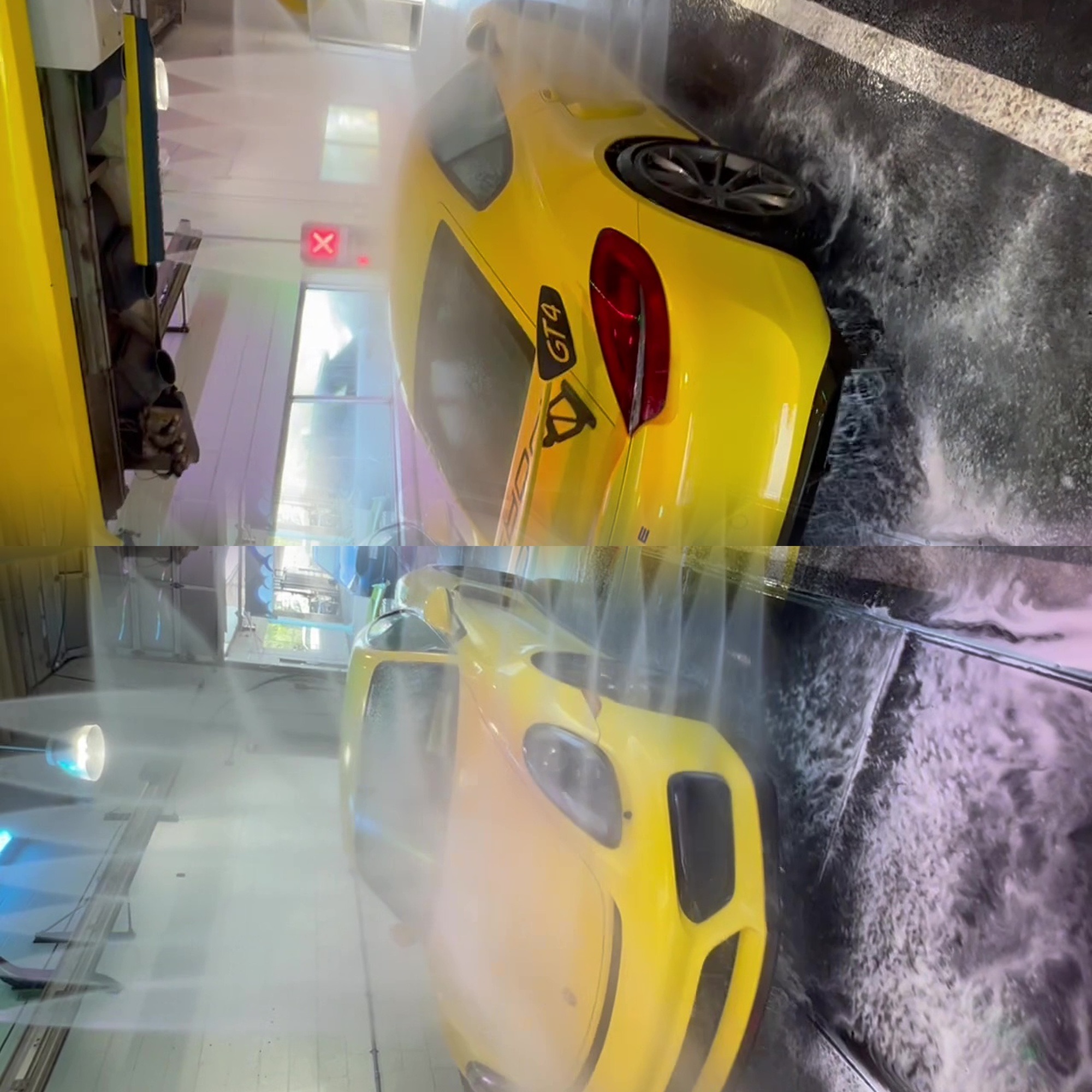 Porsche Cayman GT4 going through the touchless express wash tunnel at Mr. Clean Auto Care