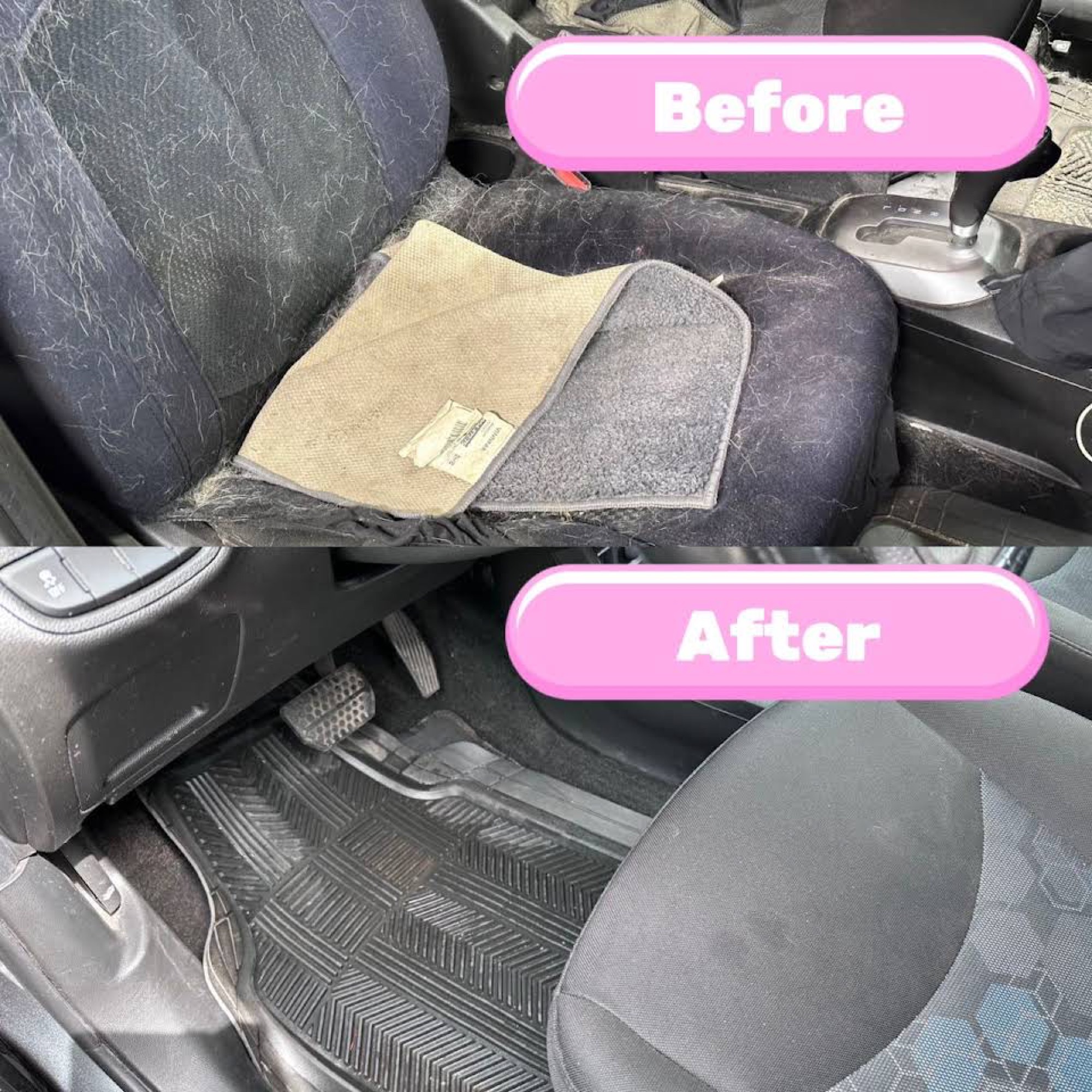 Car interior before and after pet hair removal