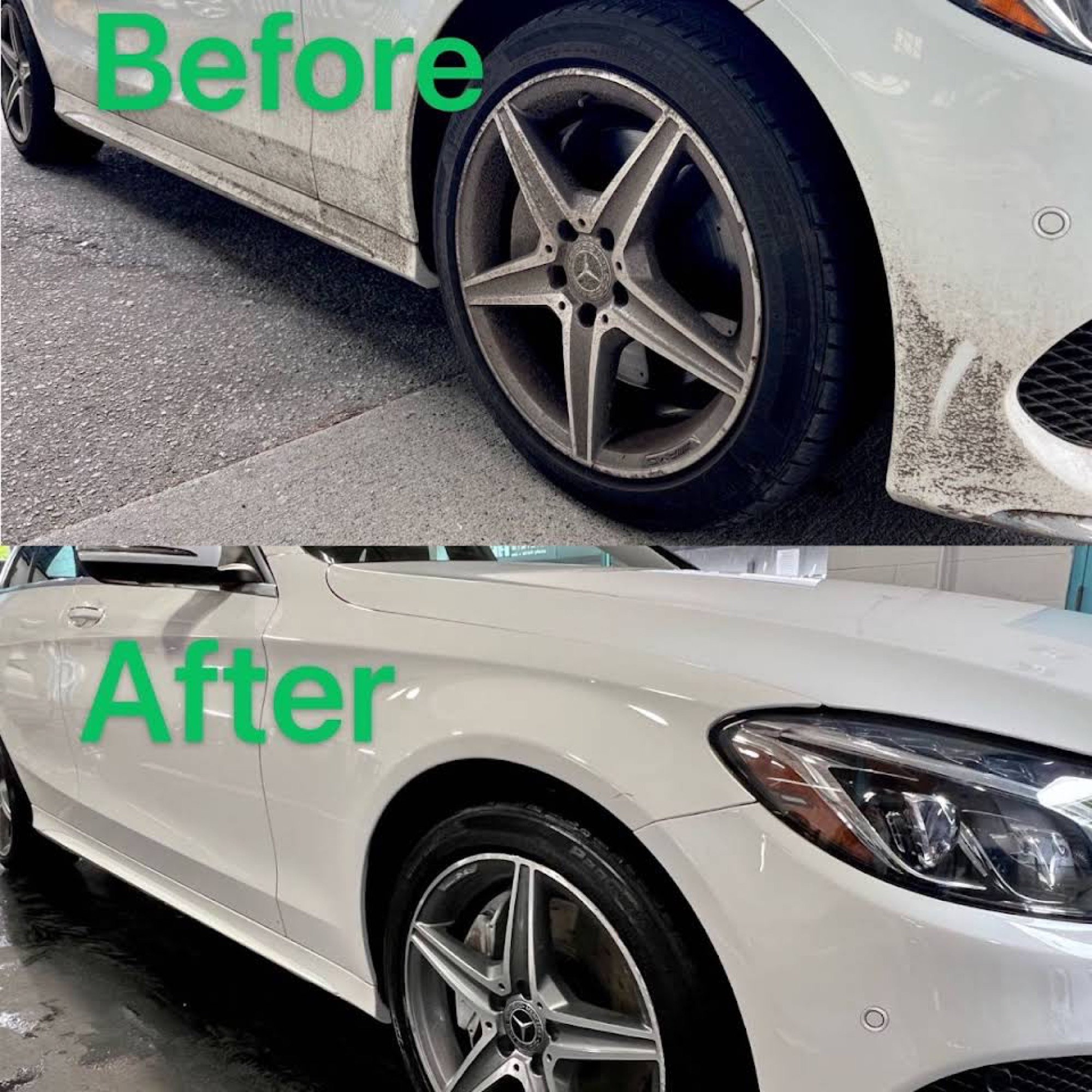 Mercedes-Benz wheel and fender before and after detailing